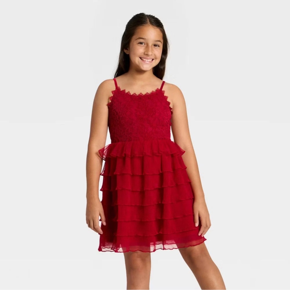 Cat & Jack Girls' Tiered Lace Dress - Dark Red, M